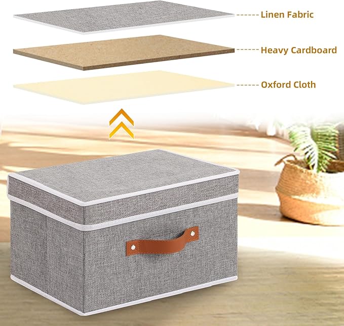 Fabric Storage Bins with Lids, Linen Foldable Clothes Boxes, Closet Organizer Containers with Double Handles, Baskets for Bedroom, Grey, 3 Pack, 13 x 9.1 x 7.9 Inch