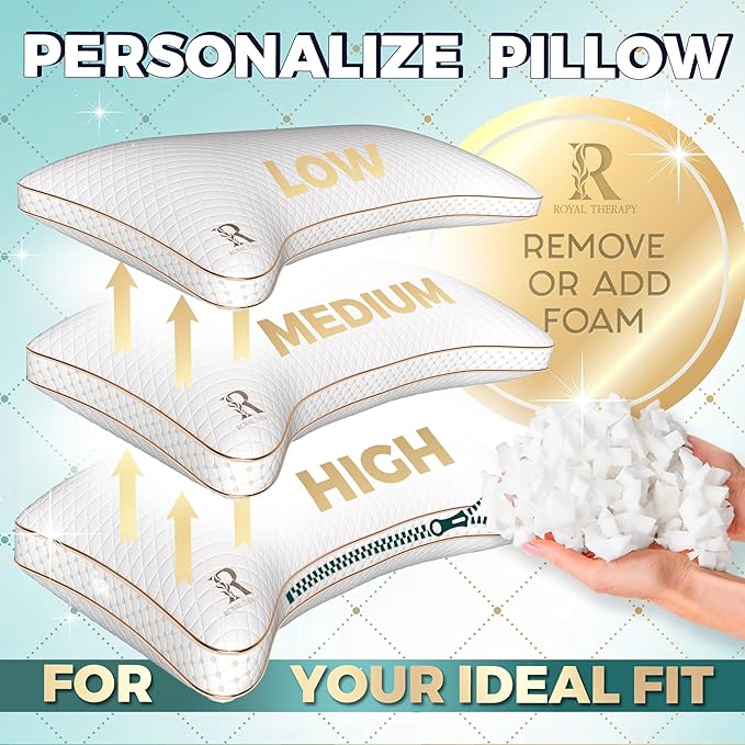 Royal Therapy Queen Memory Foam Pillows 4-Pack - Shredded Memory Foam Pillow for All Sleep Positions - Medium Firm Pillow with Adjustable Loft, Bamboo Rayon Cover, CertiPUR-US, Oeko-TEX Certified