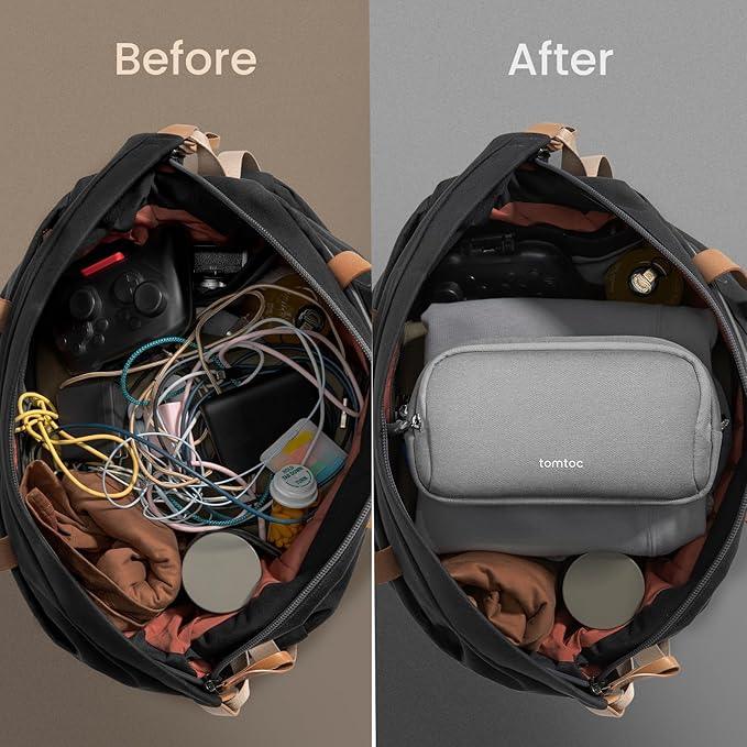 tomtoc Electronic Organizer Travel Case, Water Resistant Dual Compartment Tech Pouch Cable Organization Storage Bag for Charger, Cord, Phone, Hard Drive, Power Bank, Accessories Travel Essentials