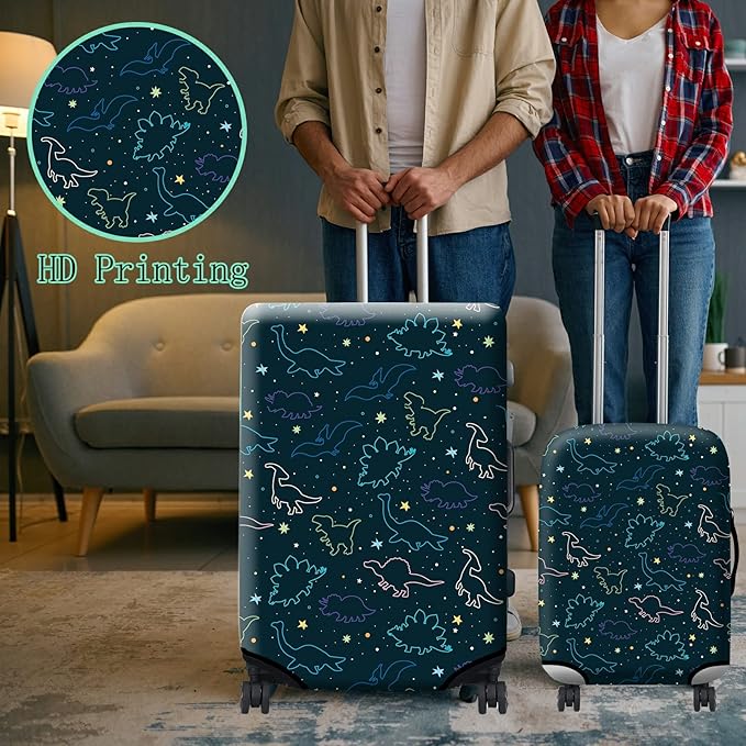 Luggage Cover Suitcase Protector Plus 1 Tag, Dinosaurs Space Travel Suitcase Cover for 18-20 inch Luggage (S) with Concealed Zipper Washable Elastic Cloth Dustproof Anti-Scratch