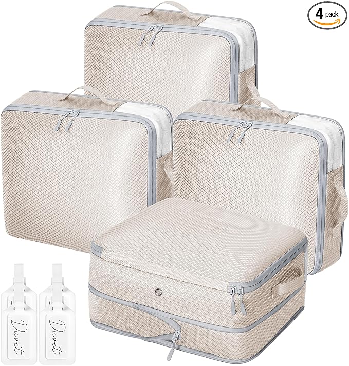 DIMJ Clothes Storage Bag 4 Pack, 19L Small Storage Bags for Sweater, Closet, Sheet Storage Organizer with Window, Compression Organizer Space Saver Storage Bags with Zipper, Beige