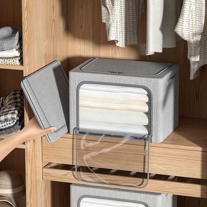 4 Pack Clothes Storage Bins with Metal Frame - Linen Fabric Foldable Stackable Container Organizer Set with Clear Window & Carry Handles & Zippers (Light Grey, 15.7"x11.8"x7.8")