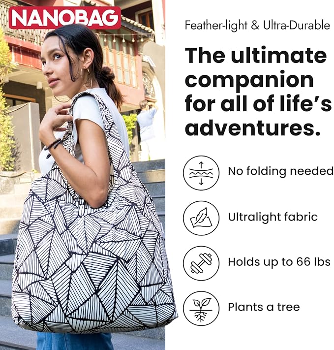 Nanobag Ultra-Lightweight Heavy Duty Foldable Tote for Women & Men, Reusable Grocery & Travel Bag, Packable Collapsible Compact Market Essential (XL Forest)