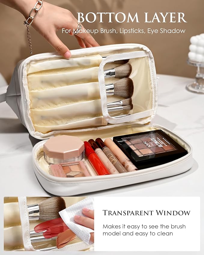 Bridesmaid Gifts for Women, Initial Makeup Bag, Personalized Double Layer Cosmetic Bag with Makeup Brush Organizer, Large Capacity PU Leather Travel Toiletry Bag, Personalized Teacher Gifts