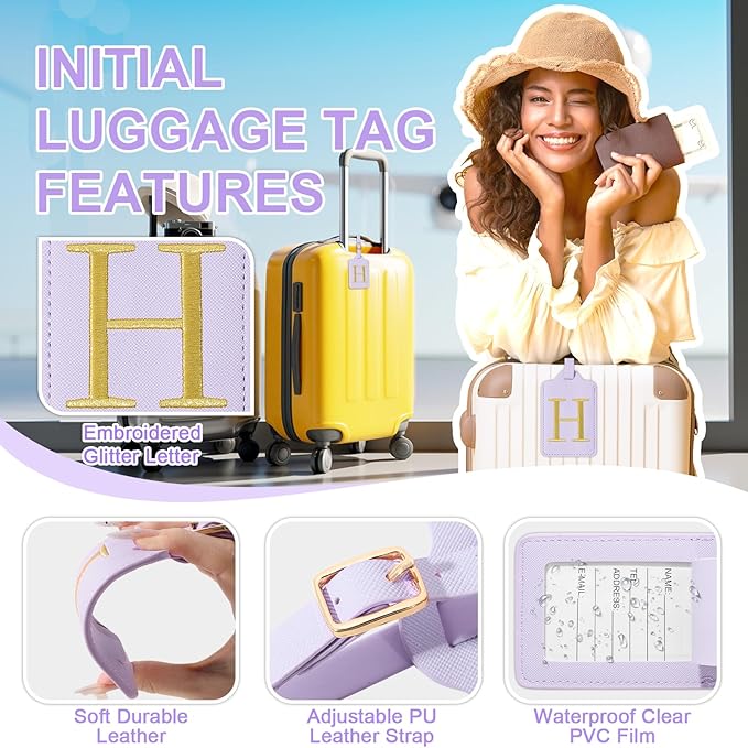 Personalized Initial Luggage Tags for Suitcase, Purple Leather Cute Luggage Tags with Privacy Cover Name Card, Embroidered Custom Monogrammed Luggage Tag Travel Backpack Tags Gifts for Women Kids(H)