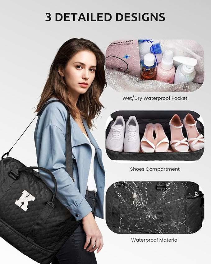 Gifts for Friends-Initial Duffle Bag with Shoe Compartment, Personalized Weekender Bag, Monogram Overnight Bag, Travel Bag with Makeup Bag，Birthday Gifts Bag for Daughter Sister (Letter I)
