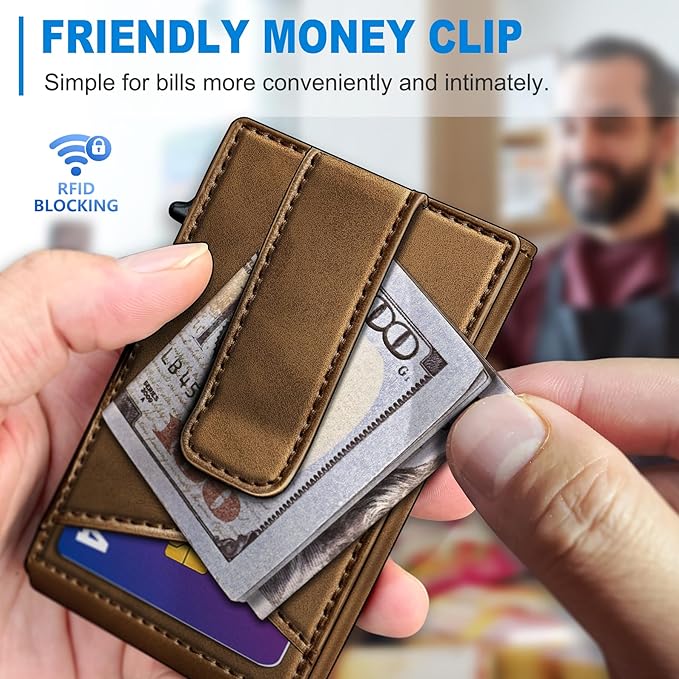 Airtag Wallet for Men,with Money Clip Gift Boxed,Slim Front Pocket Wallet RFID Blocking Metal Case Smart Pop-up Credit Card Holder in Magnetic Leather Flip
