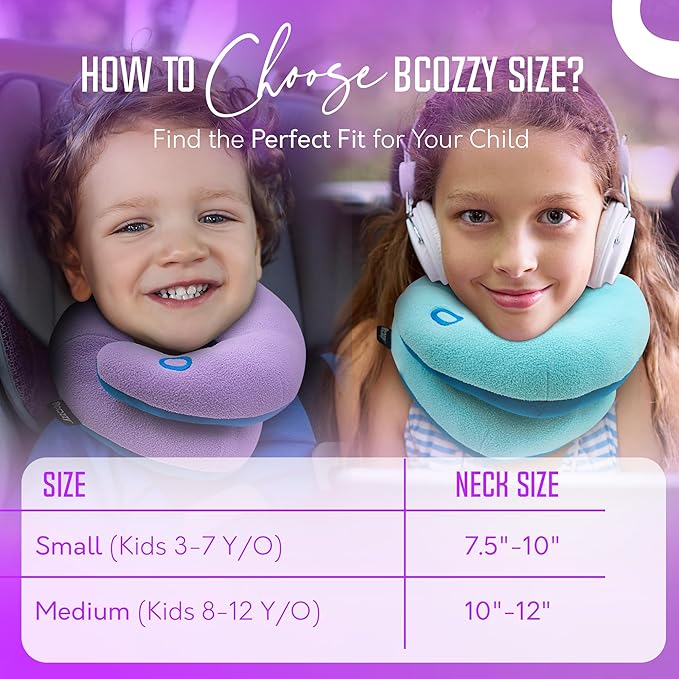 BCOZZY Kids Travel Neck Pillow (8-12 Y/O) – Patented Soft Child Pillow for Head & Chin Support in Car, Airplane, and Road Trip Sleeping. Adjustable Size. Carry Bag. Fully Washable. Medium, Navy
