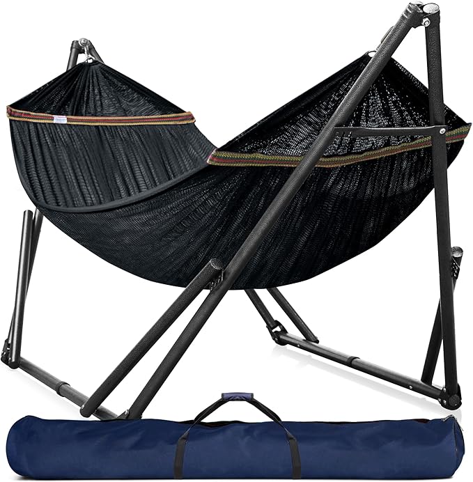 Tranquillo Universal Hammock Stand 600 lbs Capacity, Instant 20s Foldable, 3-Year Warranty Hammock with Stand, 2 Person Camping Revolutionary Portable No Screws, Premium Hammocks, Black