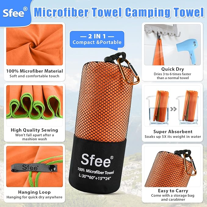 Sfee 2 Pack Camping Towel, Quick Dry Towel Super Absorbent Travel Microfiber Towels, Fast Drying Compact Soft Lightweight Sports Towel Set for Beach, Hiking, Travel, Gym, Backpacking, Pool +Carabiner