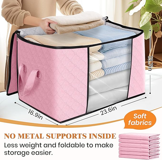 Fab totes 24 Gallons Clothes Storage, Foldable Thick Fabric Blanket Storage Bags, Containers for Organizing Bedroom, Closet, Clothing, Comforter, Organization with Handle (10 Pack,Pink)
