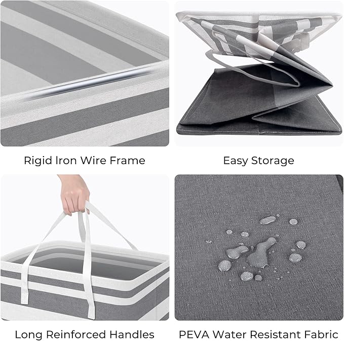 HomeHacks 2 Pack Large Laundry Baskets, Waterproof, Freestanding Laundry Hampers, Collapsible Clothes Hamper with Reinforced Handles in Laundry, College Dorm, Bathroom, Bedroom (Grey+Blue, 75Lx2)