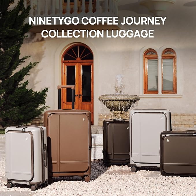 NINETYGO Carry On Luggage 22x14x9 Airline Approved, 20 Inch Suitcase with Front Compartment & Cup Holder, Coffee-Infused PC Hard Shell, Eco-Friendly, TSA Lock, 360° Spinner Wheels (Latte)