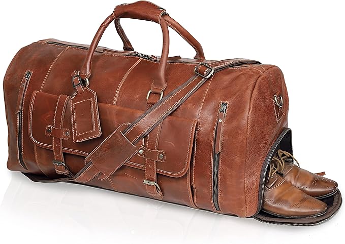 24 Inch Leather Duffle Bags for Men Large Full-Grain Buffalo Leather Overnight Gym Bag, Luggage Weekend Travel Bag for Men & Women, Carry On Airplane Cabin Bag with Shoe Compartment