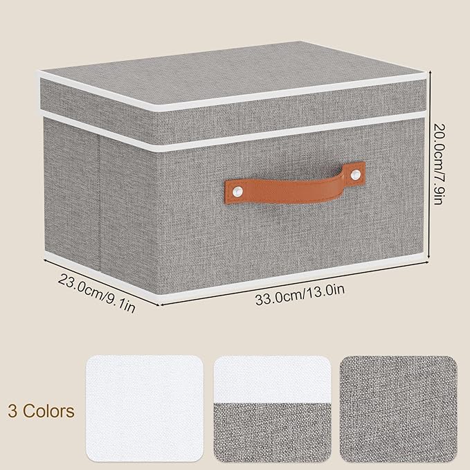 Fabric Storage Bins with Lids, Linen Foldable Clothes Boxes, Closet Organizer Containers with Double Handles, Baskets for Bedroom, Grey, 1 Pack, 13 x 9.1 x 7.9 Inch