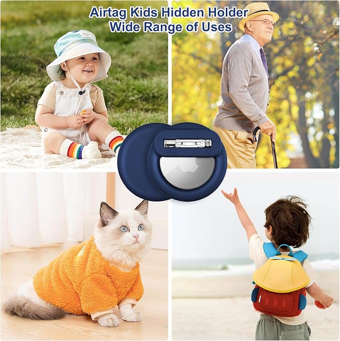 Compatible for Air Tags-4 Pack Apple Kids Hidden, for Airtag Holder for Kid, for AirTag Hidden Kids Holder with Invisible Pin, for Children, Elderly, Luggage, Clothing (Black Gray Navyblue Sky Blue)