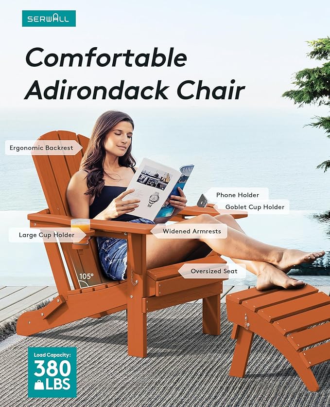 SERWALL Adirondack Chair with Cup Holders - Composite Adirondack Chairs HDPE Outdoor Chairs All Weather Use- Orange