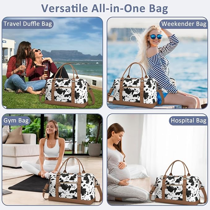 Travel Duffle Bag for Women, Weekender Bags, Hospital Bag for Labor Delivery, Lightweight Tote Duffel Overnight Bag with Luggage Sleeve, Airplane Travel Bags with Toiletry Bag, Large, Cow