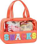 Snack Bag for Travel - Chenille Letter Clear Makeup Bag, Large Preppy Patch Snack Cosmetic Bag with Handle and Zipper, Cute Makeup Pouch Nylon&PVC Waterproof Toiletry Organizer Storage for Women Girls