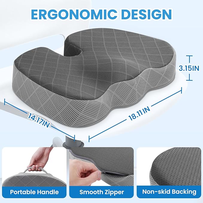 TushGuard Office/Car Seat Cushion, Non-Slip Sciatica & Back Coccyx Tailbone Pain Relief Chair Pad, Memory Foam Butt Pillow for Computer Desk, Wheelchair, Driving (Black&Grey)