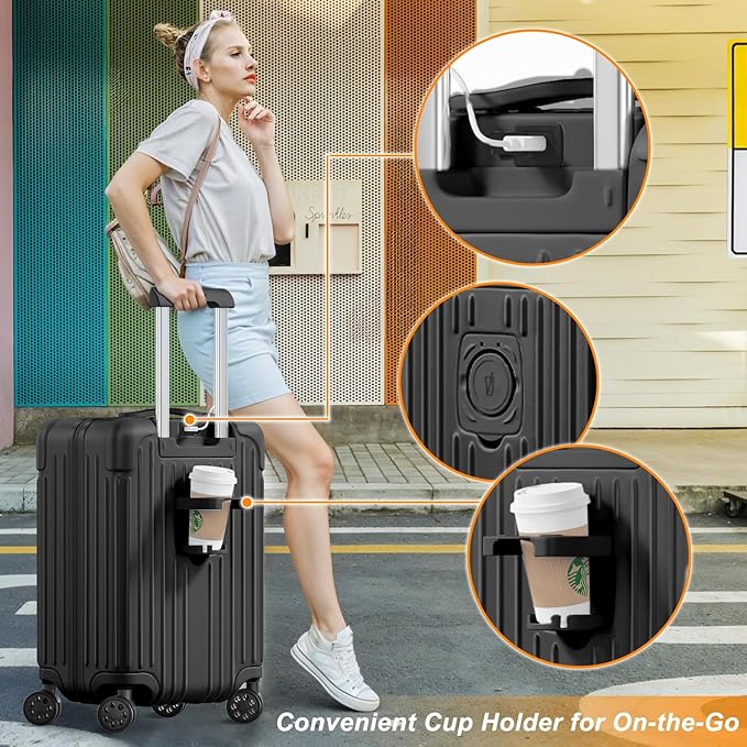 Krute Carry on Luggage 20 Inch Suitcases with Spinner Wheels Hardside Luggages Cup Holder Carry Suitcase USB Charger Port PC+ABS with TSA Lock