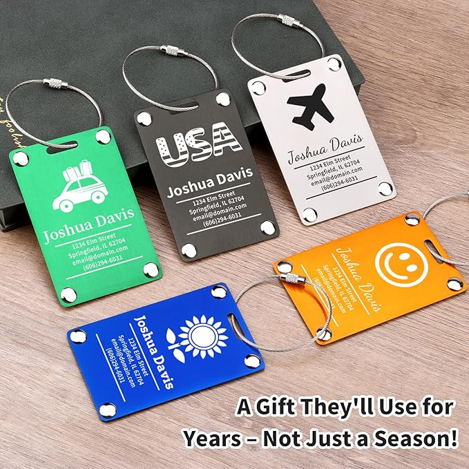 4 Pack Personalized Luggage Tags for Suitcases, Handmade Engraved Stainless Steel Custom Luggage Tags for Cruise Travel with Stainless Loop, Suitcase Identifier Metal Name Baggage Tag