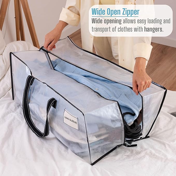 VENO 4 Pack Moving Bags Extra Large Storage Bags for College Move-In, Heavy-Duty Storage Totes, Packing Boxes, and Wardrobe Moving Supplies - Durable Laundry Bags for Clothes (Clear, 4 Pack)