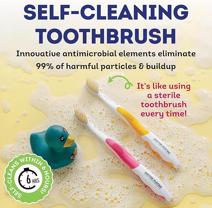 MOUTHWATCHERS Soft Childrens Flossing Manual Toothbrush, Value Pack of 4, Pink and Blue, Toothbrushes for Kids & Teens, Ultra Clean, by Dr. Plotka's
