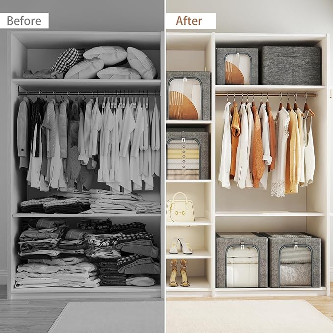 GoMaihe Clothes Storage Bin with Metal Frame: 4-Pack Stackable Closet Storage Bin with Lid & Clear Window, Sweater Boxes Storage for Closet Clothing Bedding Storage Organizer 40L