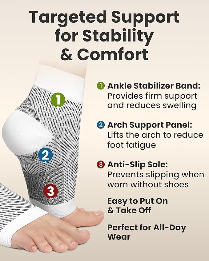 KEMFORD Ankle Compression Sleeve - Plantar Fasciitis Braces - Open Toe Compression Socks for Swelling, Sprain, Neuropathy, Foot Arch Support for Men and Women - 20-30mmhg, L, White and Black