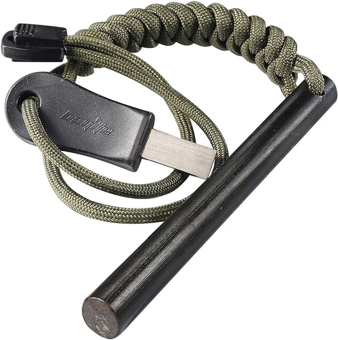 bayite 4 Inch Survival Ferrocerium Drilled Flint Fire Starter, Ferro Rod Kit with Paracord Landyard Handle and Striker, 4"(Long) x 3/8"(Diameter)