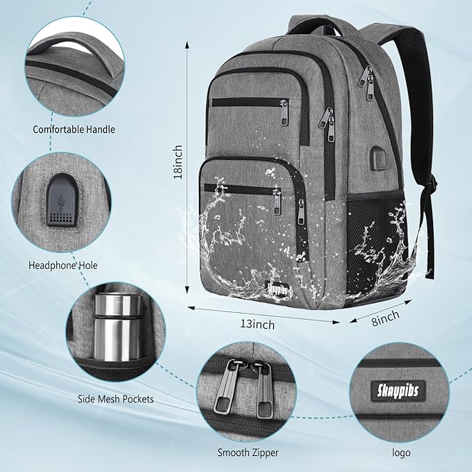 Travel Laptop Backpack, Business Carry on Backpack Flight Approved Backpack, Large Travel Work Backpacks for Men Women with USB Charger Port, Rucksack Bag, Mochila de viaje, Grey