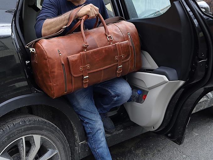 24 Inch Leather Duffle Bags for Men Large Full-Grain Buffalo Leather Overnight Gym Bag, Luggage Weekend Travel Bag for Men & Women, Carry On Airplane Cabin Bag with Shoe Compartment