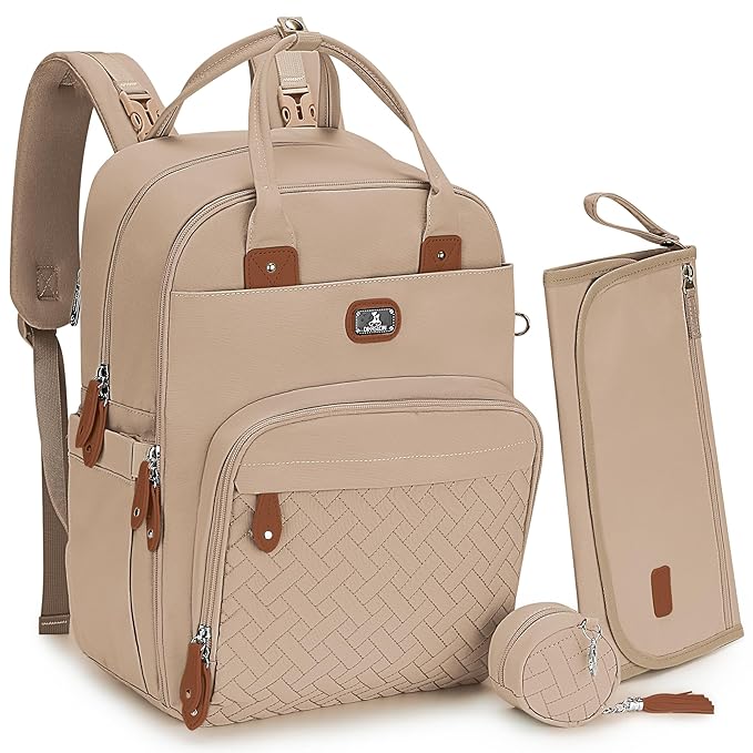 Dikaslon Diaper Bag Backpack with Portable Changing Pad, Pacifier Case and Stroller Straps, Large Unisex Baby Bags for Boys Girls, Multipurpose Travel Back Pack for Moms Dads, Milk Tea Khaki