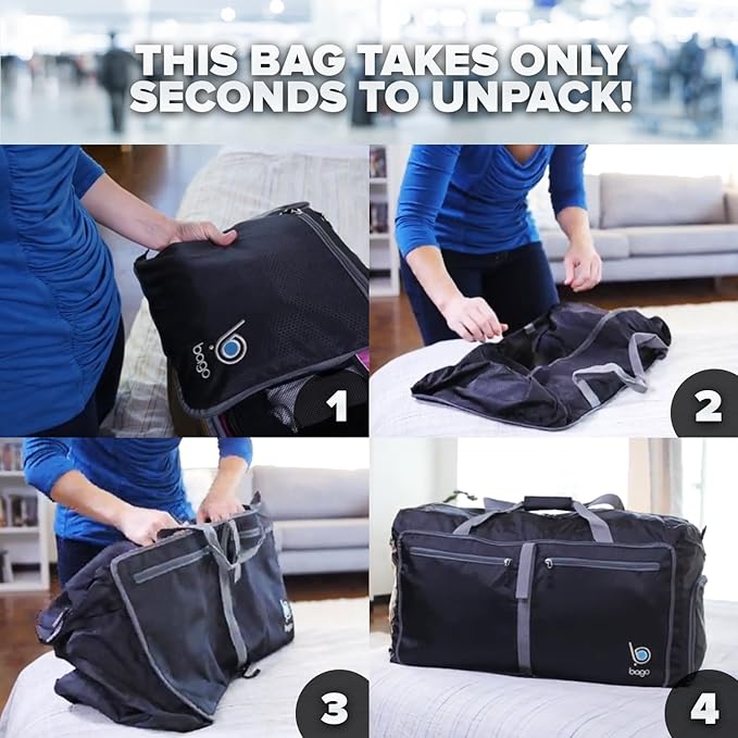 Bago Large Foldable Duffel Bags for Traveling Women & Men - 80L Packable Duffle Bag for Travel with Shoe Compartment - Water Repellant, Heavy Duty, Lightweight Folding & Collapsible (Black)