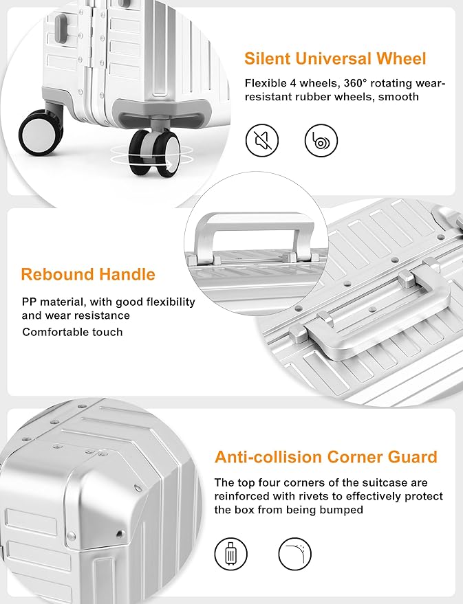 Mvst Luggage Premium All Aluminum Magnesium Carry On 20'' Lightweight Metal,Suitcase with Spinner Wheels Built-in Toiletry Set, Luggage Protector（silvery） (Silver, 20inch)