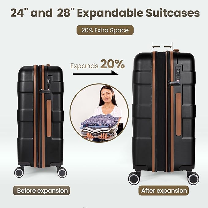 Luggage Sets 3 Piece with Spinner Wheel, Hardside Suitcase Set with TSA Lock, Expandable Lightweight Travel Luggage for Men and Women, Black