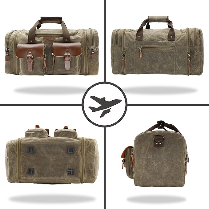 Wildroad Waxed Canvas Duffle Bag - 60L Waterproof Genuine Leather Weekender Overnight Travel Hand Bag