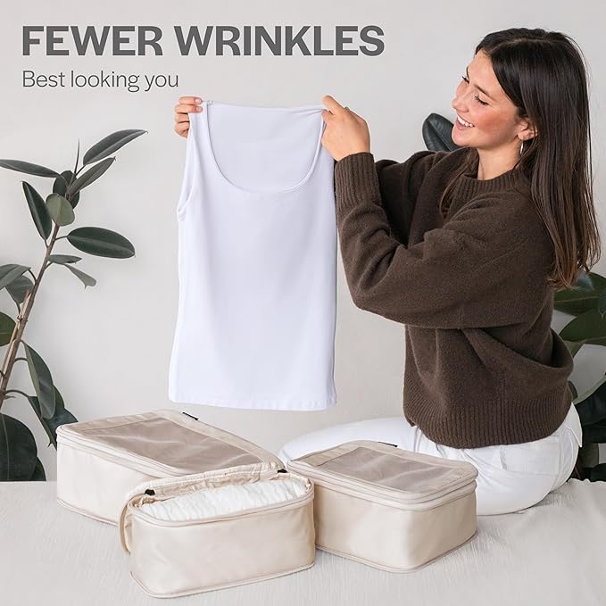 Compression Packing Cubes for Travel - Luggage Organizer Bags - Double Zipper Packing Cubes for Suitcases (6-Pack, Beige)