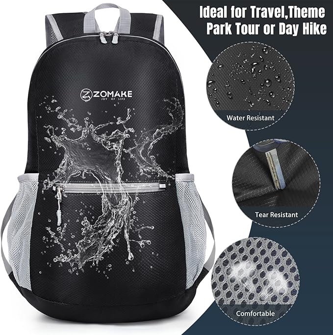 ZOMAKE Ultra Lightweight Hiking Backpack 20L, Packable Small Backpacks Water Resistant Daypack for Women Men(Black)