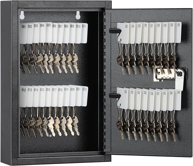 KYODOLED Locking Key Cabinet, 40 Key Storage Lock Box with Code, Key Box Wall Mount with Combination Lock, Key Hooks & Tags Key Labels, 2.5" D x 8" W x 12" H (Black,40 Key)