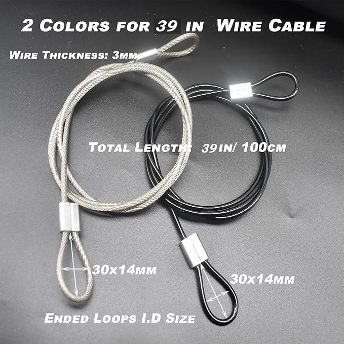 10 pcs 20 inch (50cm) 3mm Thickness Stainless Steel Wire Cable with Loops Vinyl Cover Coated Short Rope Lanyard Lock Safety Tether Chains, Black