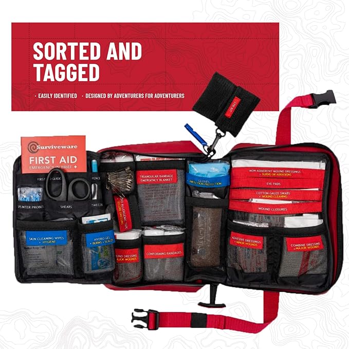Surviveware Waterproof Premium Survival First Aid Kit - Survival Emergency Preparedness for Travel Camping Gear, Survival Kit and Outdoor Emergencies - Survival Kit - FSA, HSA Eligible 184 Pcs