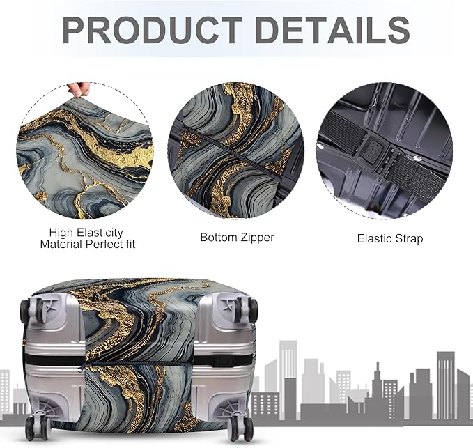 ANNA QUEEN Luxury Marble Gold Luggage Cover, Elegant Black & Grey Suitcase Protector with Faux Gold Vein Design, Stretchable, Washable Spandex Cover for 32-34 Inch Luggage