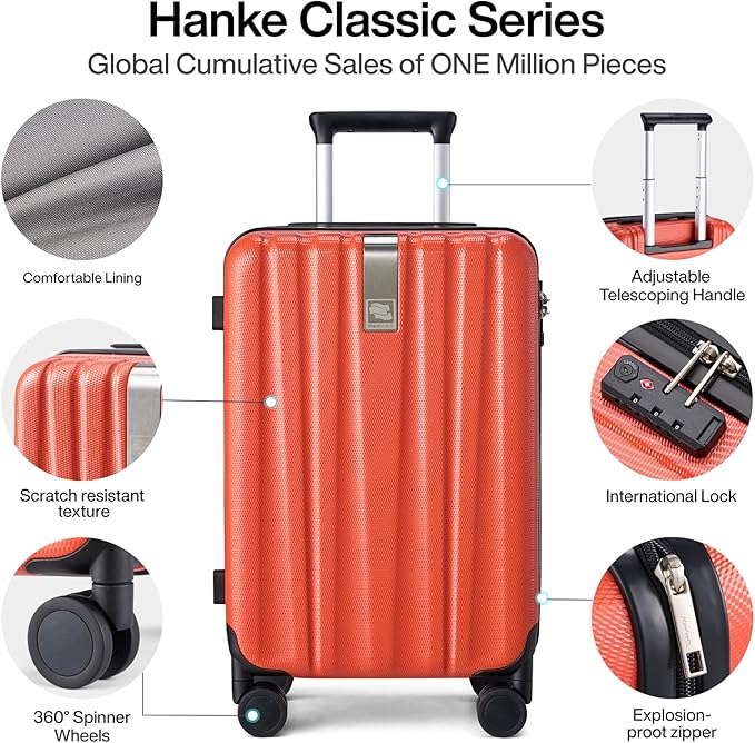Hanke 20 Inch Carry On Luggage 22x14x9 Airline Approved Lightweight PC Hard Shell Suitcases with Wheels Travel Luggage Rolling Suitcase Travel Luggage Bag Christmas Gifts for Birthday （Orange）