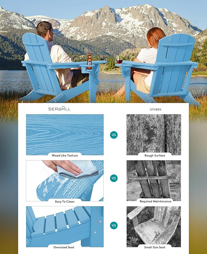 SERWALL Adirondack Chair with Cup Holders - Composite Adirondack Chairs HDPE Outdoor Chairs All Weather Use- Light Blue