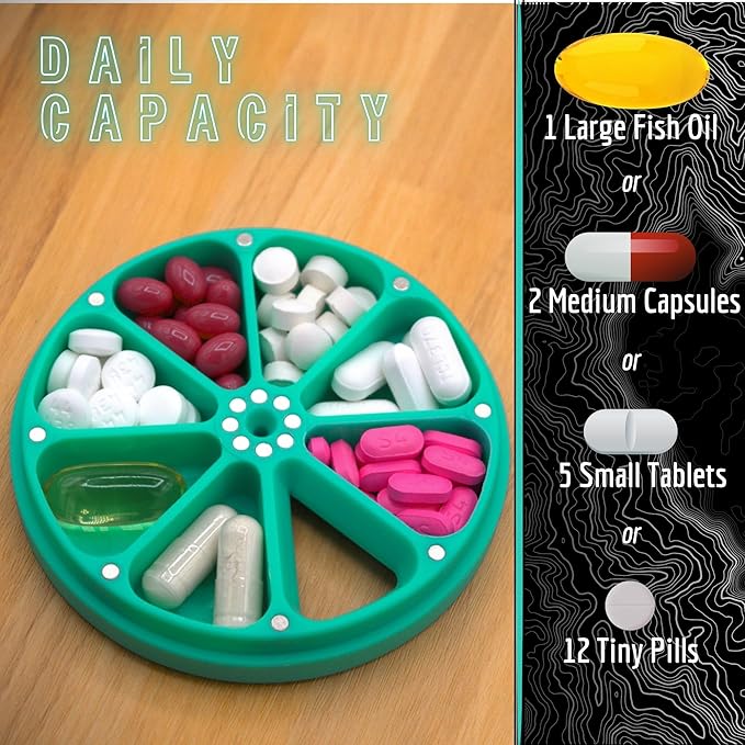 Travel RX Pill Case by Type Two Labs – Weekly 7 Day Pill Box, Compact Magnetic Pill Organizer for Purses or Pockets, Rugged Daily Caddy Holds Vitamins, Supplements, Medication. (Stealthy Black)