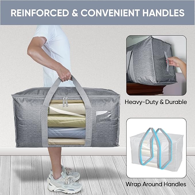 BALEINE 8-Pack Oversized Moving Bags with Reinforced Handles, Heavy-Duty Storage Tote for Clothes, Moving Supplies (Grey with Window, 8 Pack)