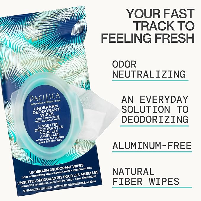 Pacifica Beauty Coconut Milk & Essential Oils Underarm Deodorant Wipes, Helps Remove Odor, Aluminum-Free, Vegan & Cruelty-Free (Pack of 8) | 240 wipes Total