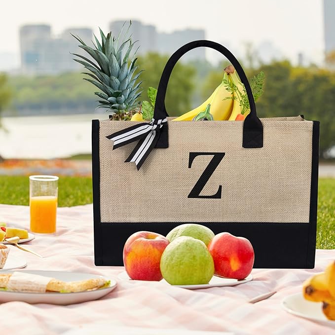 TOPDesign Initial Jute/Canvas Tote Bag, Personalized Present Bag, Suitable for Wedding, Birthday, Beach, Holiday, is a Great Gift for Women, Mom, Teachers, Friends, Bridesmaids (Letter Z)